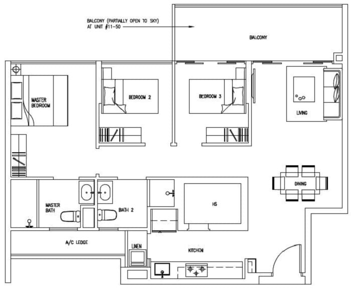Forestville EC Floor Plan, 3 Bedroom, C6, 98 sqm, Stack 50