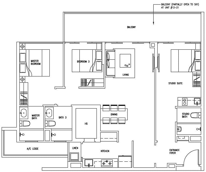Forestville Executive Condo Floor Plan, 3 Bedroom DK, C11-DK, 121 sqm, Stack 21