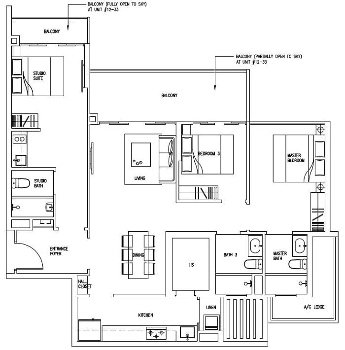 Forestville Executive Condo Floor Plan, 3 Bedroom DK, C13-DK, 117 sqm, Stack 33