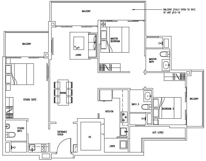 Forestville Executive Condo Floor Plan, 3 Bedroom DK, C14-DK, 124 sqm, Stack 18