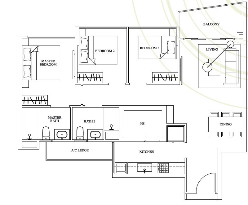 One Canberra EC Floor Plan, 3 Bedroom, C4, 958 sqft, Stack 01, 45, 46