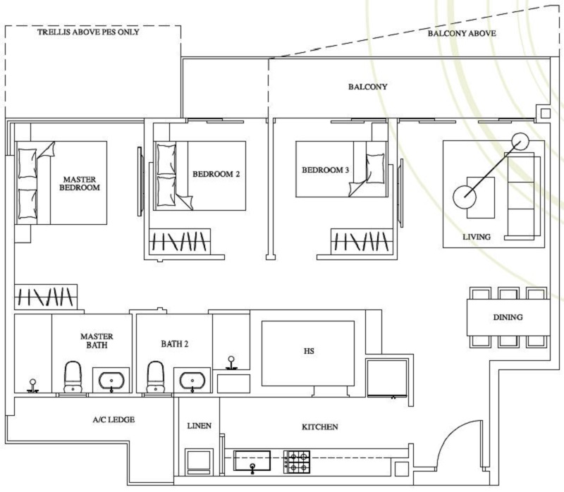 One Canberra EC Floor Plan, 3 Bedroom, C6, 1055 sqft, Stack 23, 27, 36, 40, 41, 49