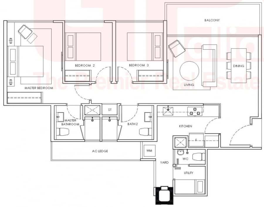 WaterWoods Floor Plan - 3 Bedroom, B1, B1P, 97 sqm 1044 sqft
