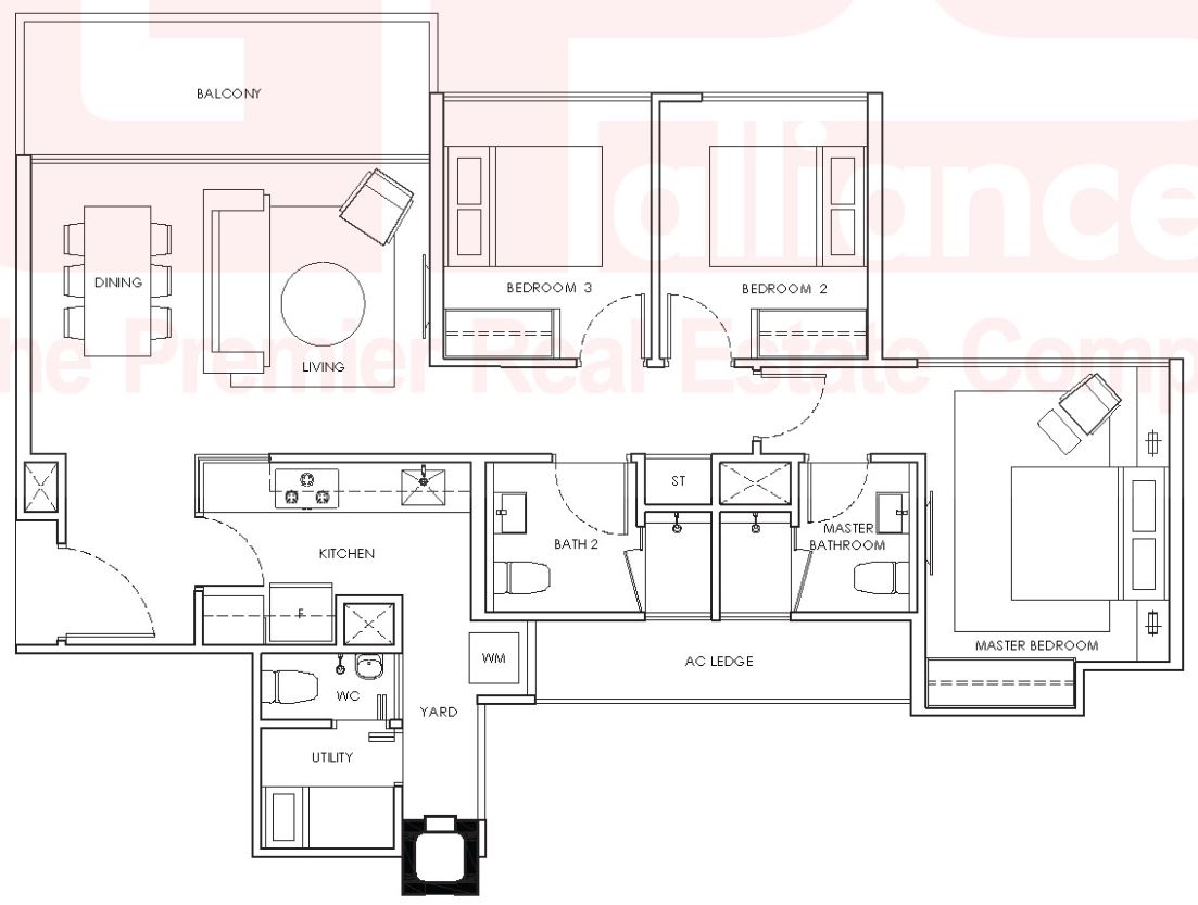WaterWoods Floor Plan - 3 Bedroom, B2, B2P, 96 sqm 1033 sqft