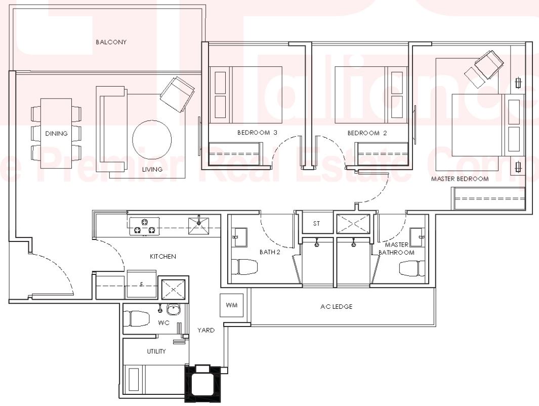 WaterWoods Floor Plan - 3 Bedroom, B3, B3P, 97 sqm 1044 sqft