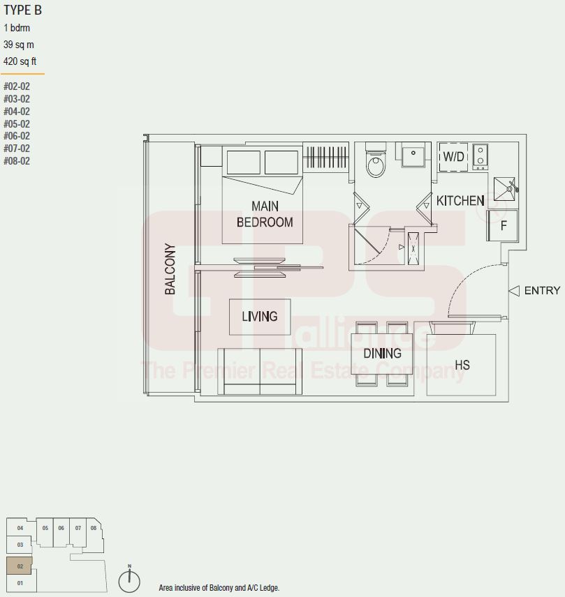 The Octet Floor Plan - Type B (1 Bedroom) 420 sqft 39 sqm