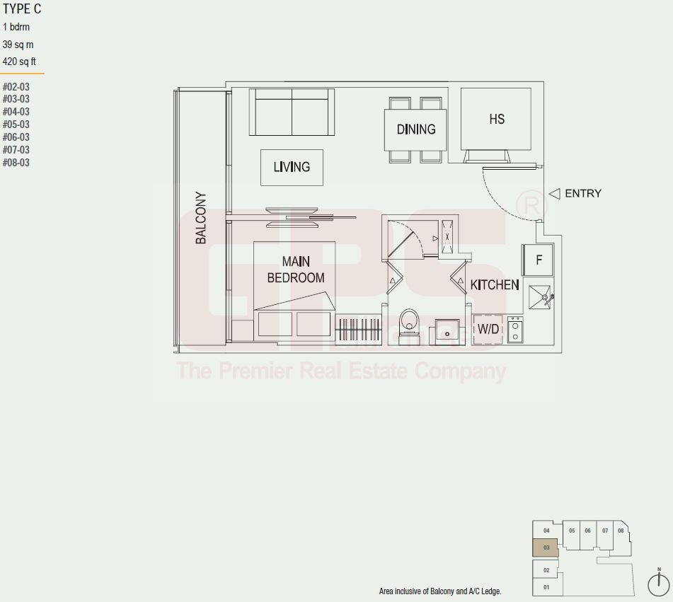 The Octet Floor Plan - Type C (1 Bedroom) 420 sqft 39 sqm