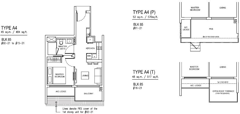 Jewel at Buangkok Condo Floor Plan - 1 Bedroom - A4 - 45 sqm-484 sqft