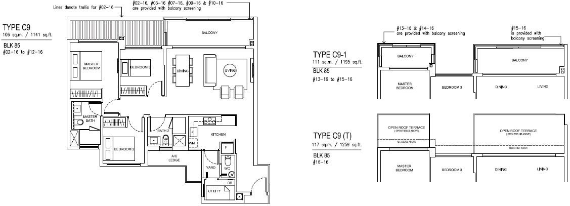 Jewel at Buangkok Condo - Floor Plan - 3 Bedroom Premium - C9 - 106 sqm-1141 sqft