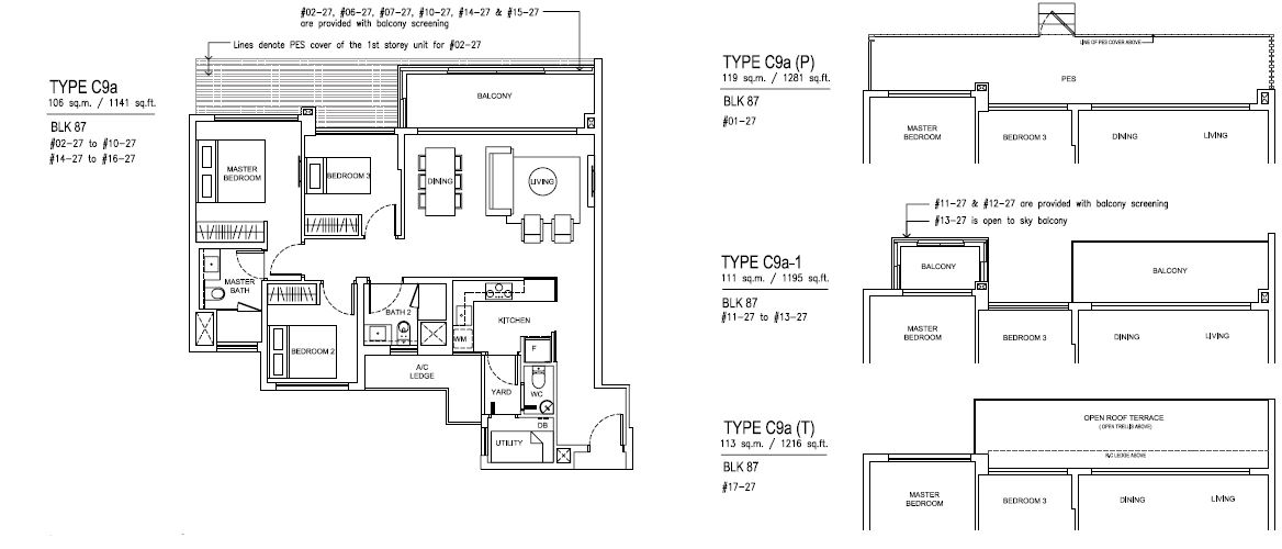 Jewel at Buangkok Condo - Floor Plan - 3 Bedroom Premium - C9a - 106 sqm-1141 sqft