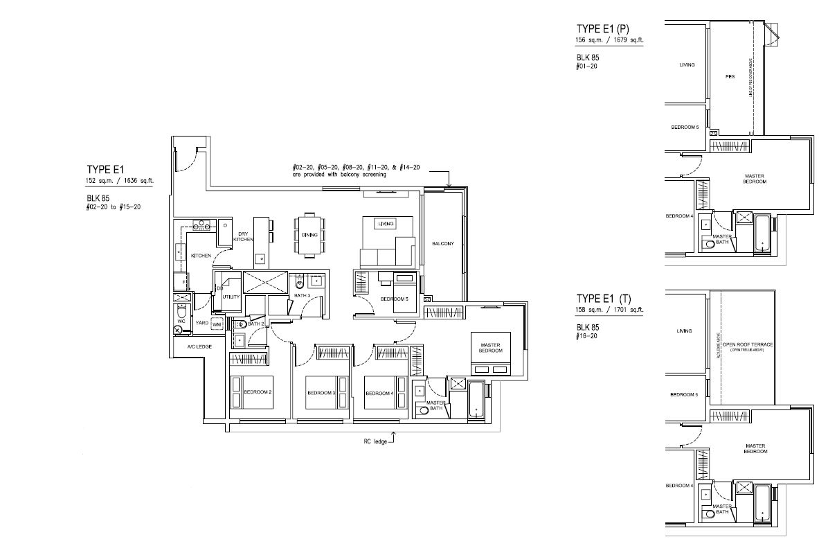 Jewel at Buangkok Condo - Floor Plan - 5 Bedroom - E1 - 152 sqm-1636 sqft
