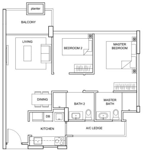 The Santorini Floor Plan - 2 Bedroom - B1 - 68 sqm 732 sqft