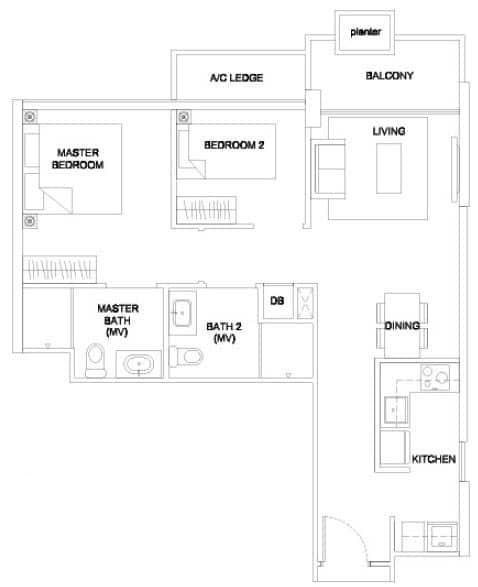The Santorini Floor Plan - 2 Bedroom - B2 - 69 sqm 743 sqft