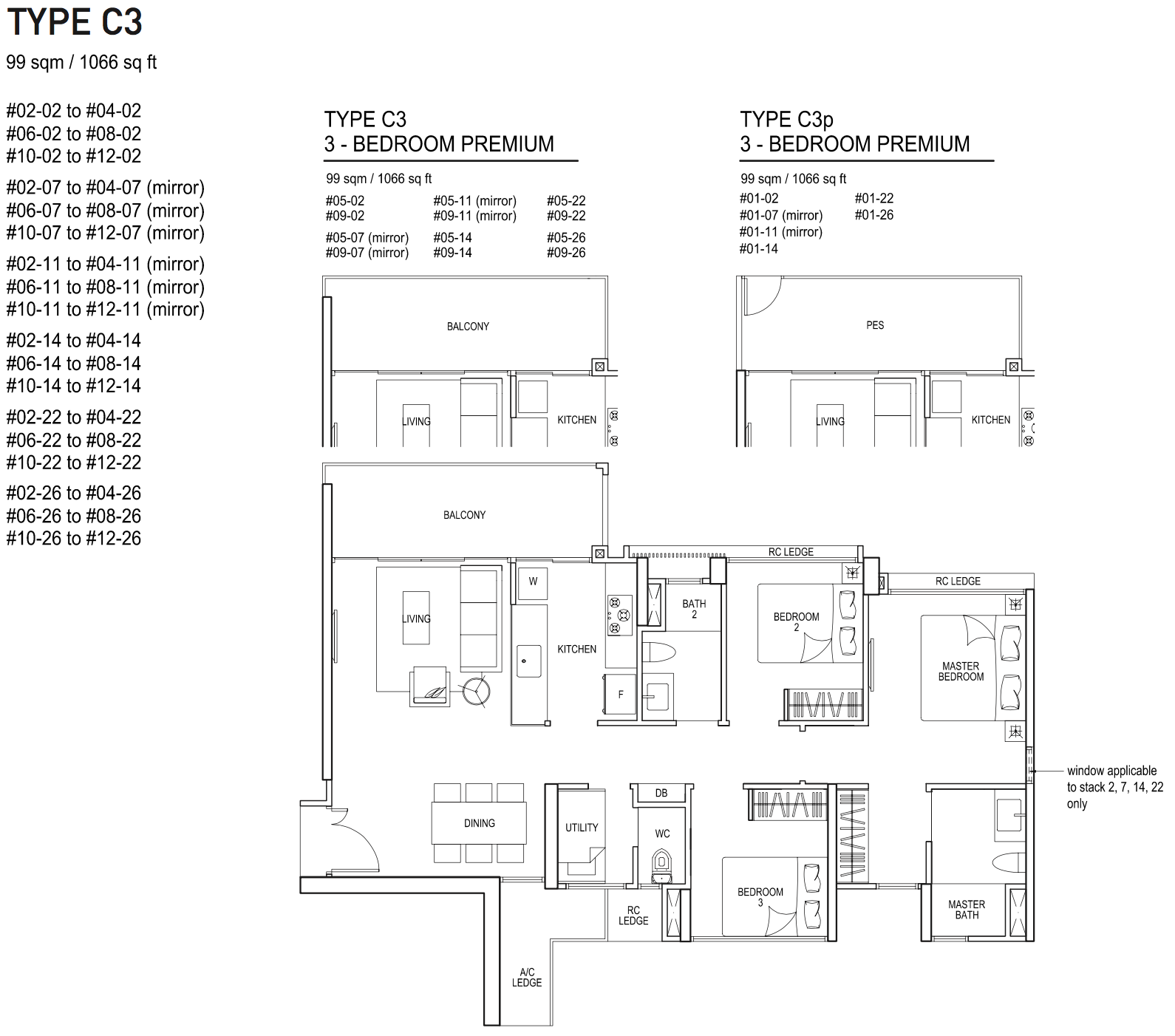 Bellewaters EC Floor Plan 3 Bedroom Premium C3 C3p 99 sqm 1066 sqft
