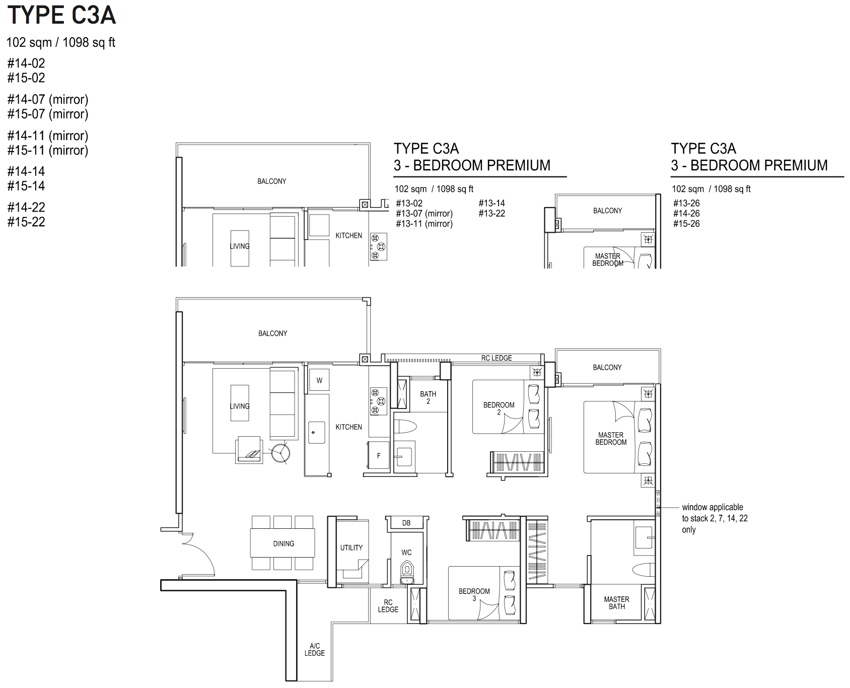 Bellewaters EC Floor Plan 3 Bedroom Premium C3A 102 sqm 1098 sqft