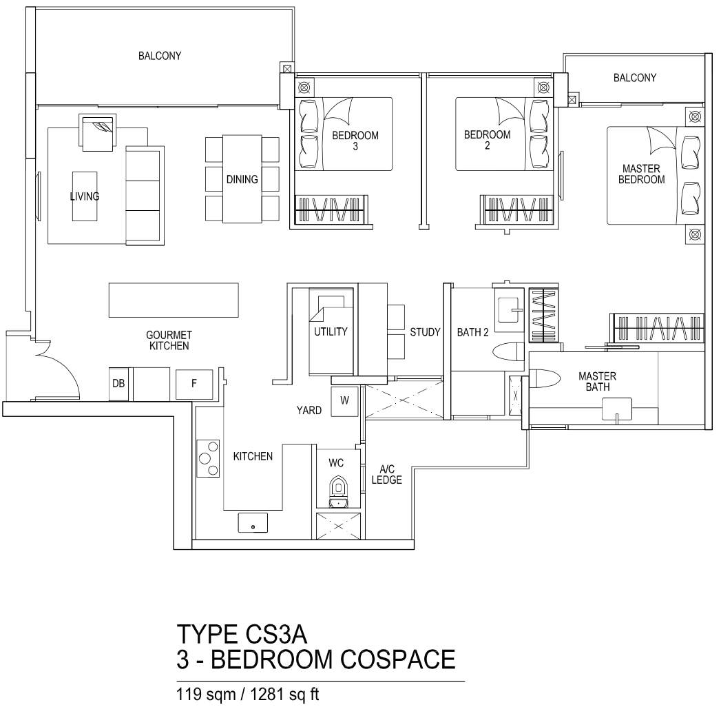 CS3A 3 Bedroom Cospace 119 sqm 1281 sqft