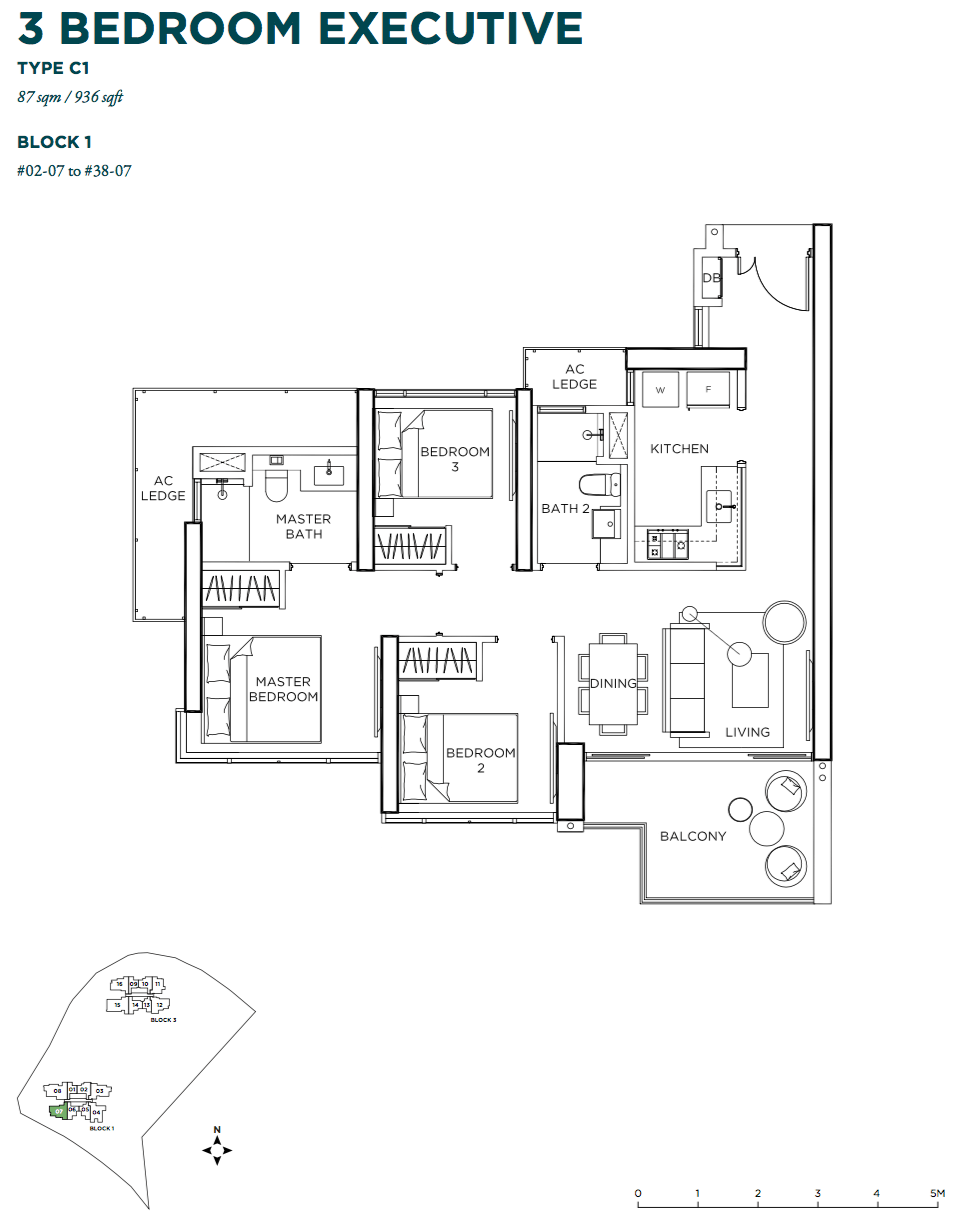 GEM Residences Floor Plan 3 Bedroom Executive C1 87 sqm 936 sqft