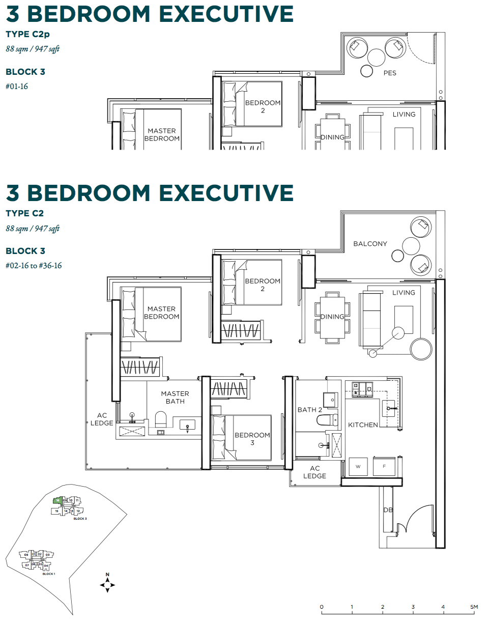 GEM Residences Floor Plan 3 Bedroom Executive C2 C2p 88 sqm 947 sqft
