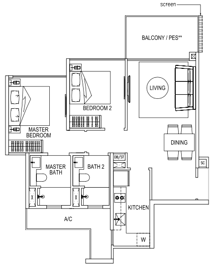 Signature at Yishun Floor Plan - 2 Bedroom A1 72 sqm 775 sqft