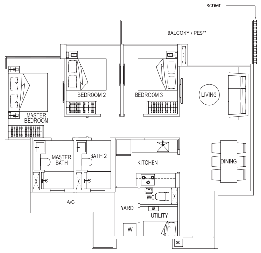 Signature at Yishun EC Floor Plan - 3 Bedroom Premium C3 102 sqm 1098 sqft