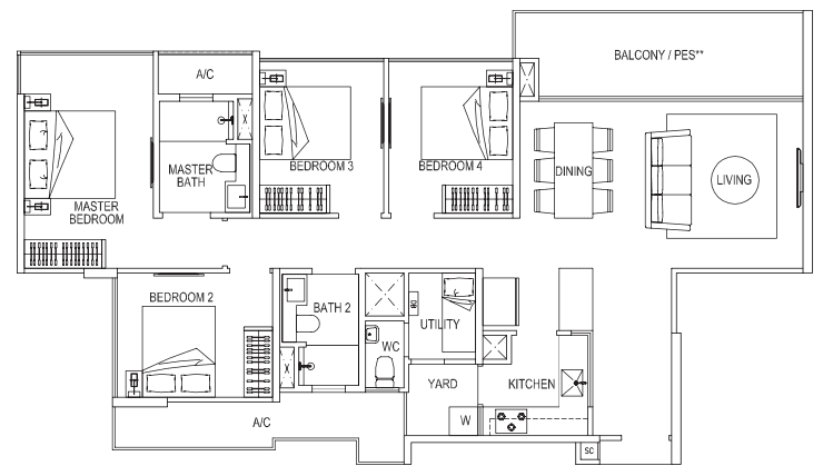 Signature at Yishun EC Floor Plan - 4 Bedroom Premium E1 121 sqm 1302 sqft