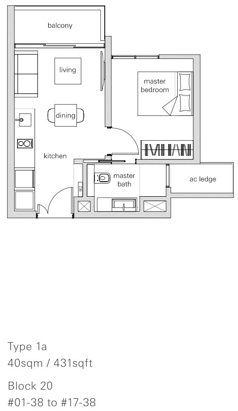 The Panorama Condo Floor Plan 1 Bedroom (1a 40 sqm 431 sqft)
