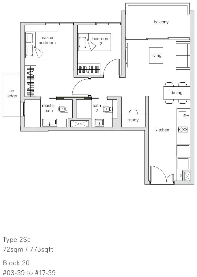 The Panorama Condo Floor Plan 2 Bedroom + Study (2Sa 72 sqm 775 sqft)