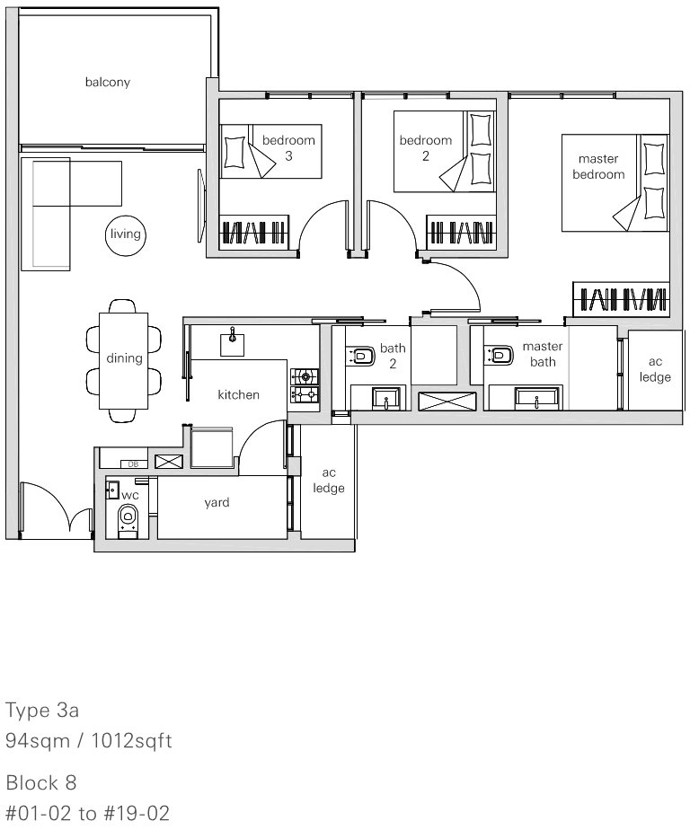 The Panorama Condo Floor Plan 3 Bedroom (3a 94 sqm 1012 sqft)