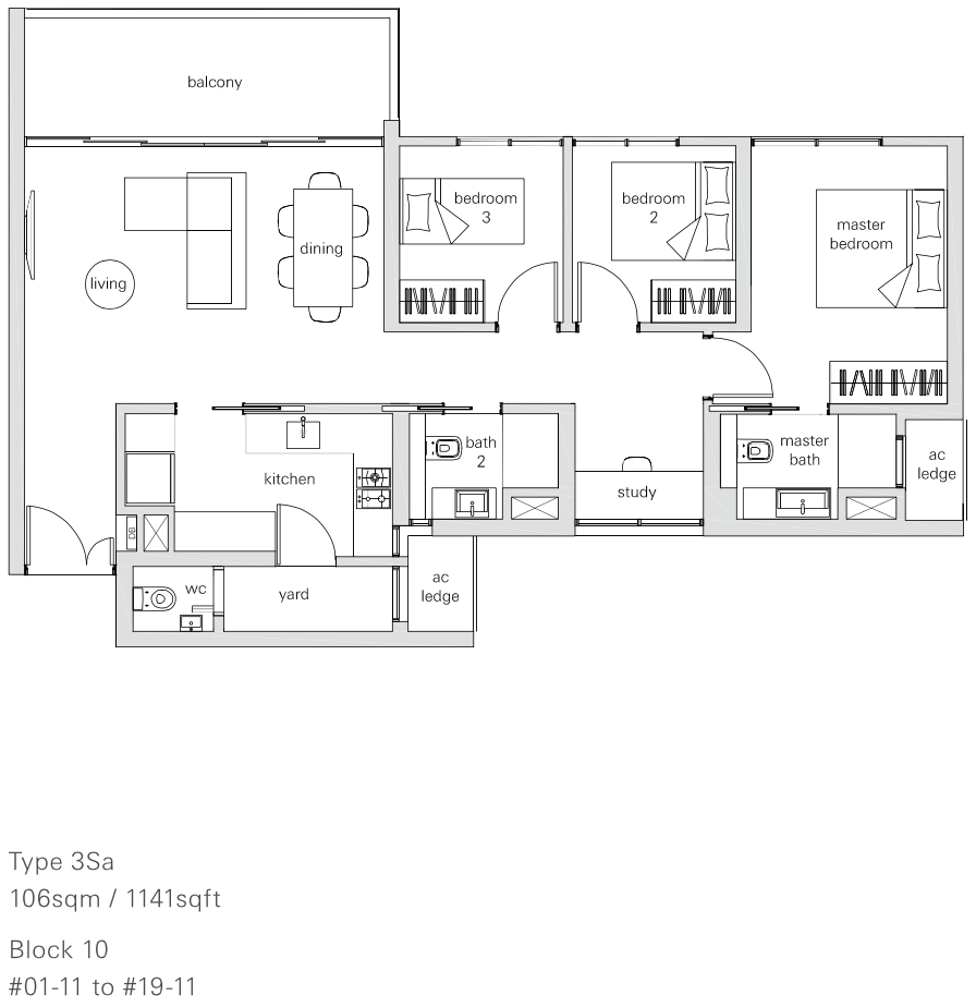 The Panorama Condo Floor Plan 3 Bedroom + Study (3Sa 106 sqm 1141 sqft)