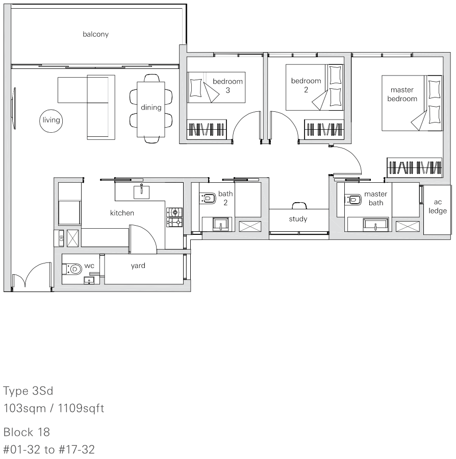 The Panorama Condo Floor Plan 3 Bedroom + Study (3Sd 103 sqm 1109 sqft)