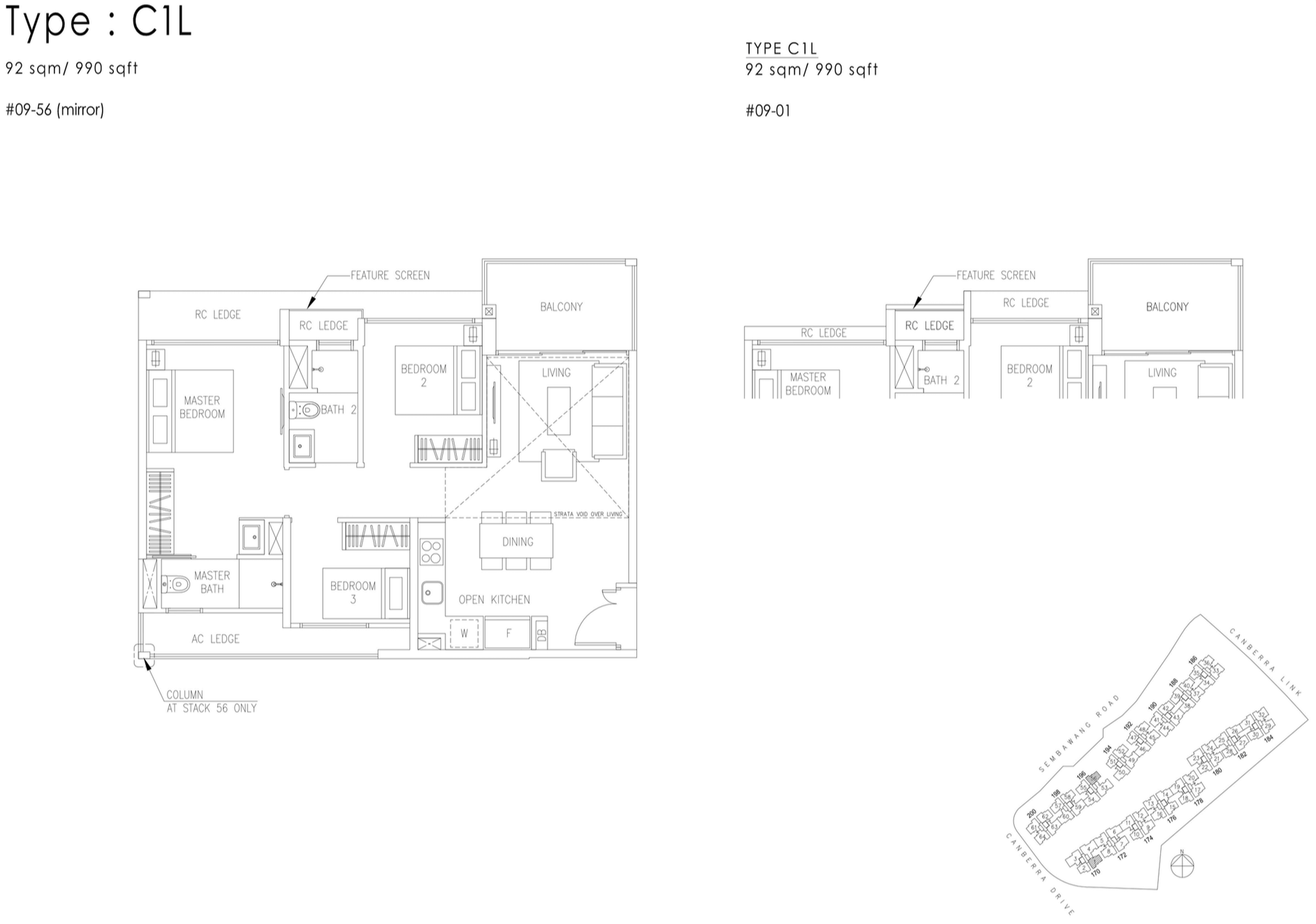 The Visionaire EC Floor Plan - 3 Bedroom C1L 92 sqm 990 sqft