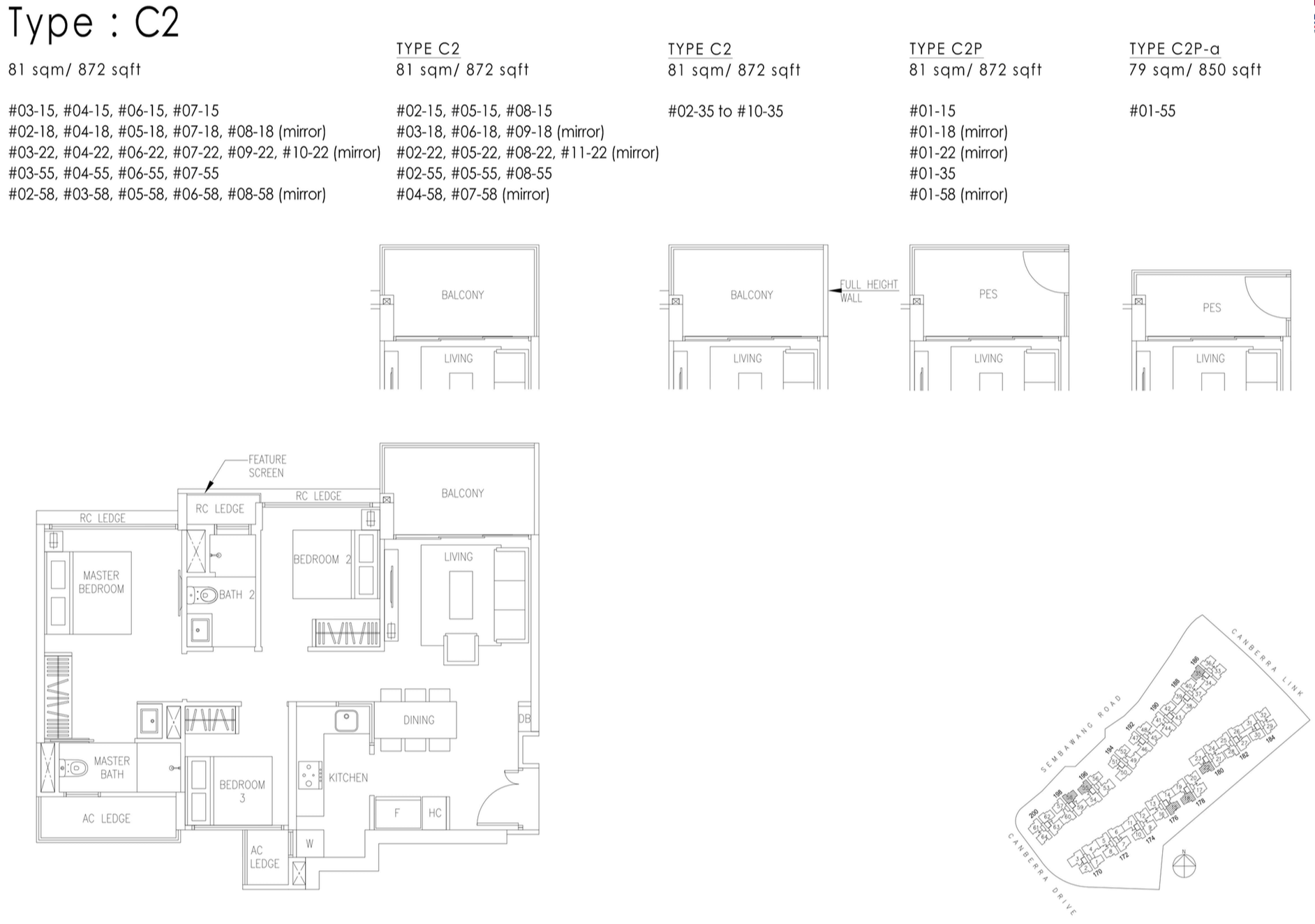 The Visionaire EC Floor Plan - 3 Bedroom C2 C2P C2P-a 81 sqm 872 sqft