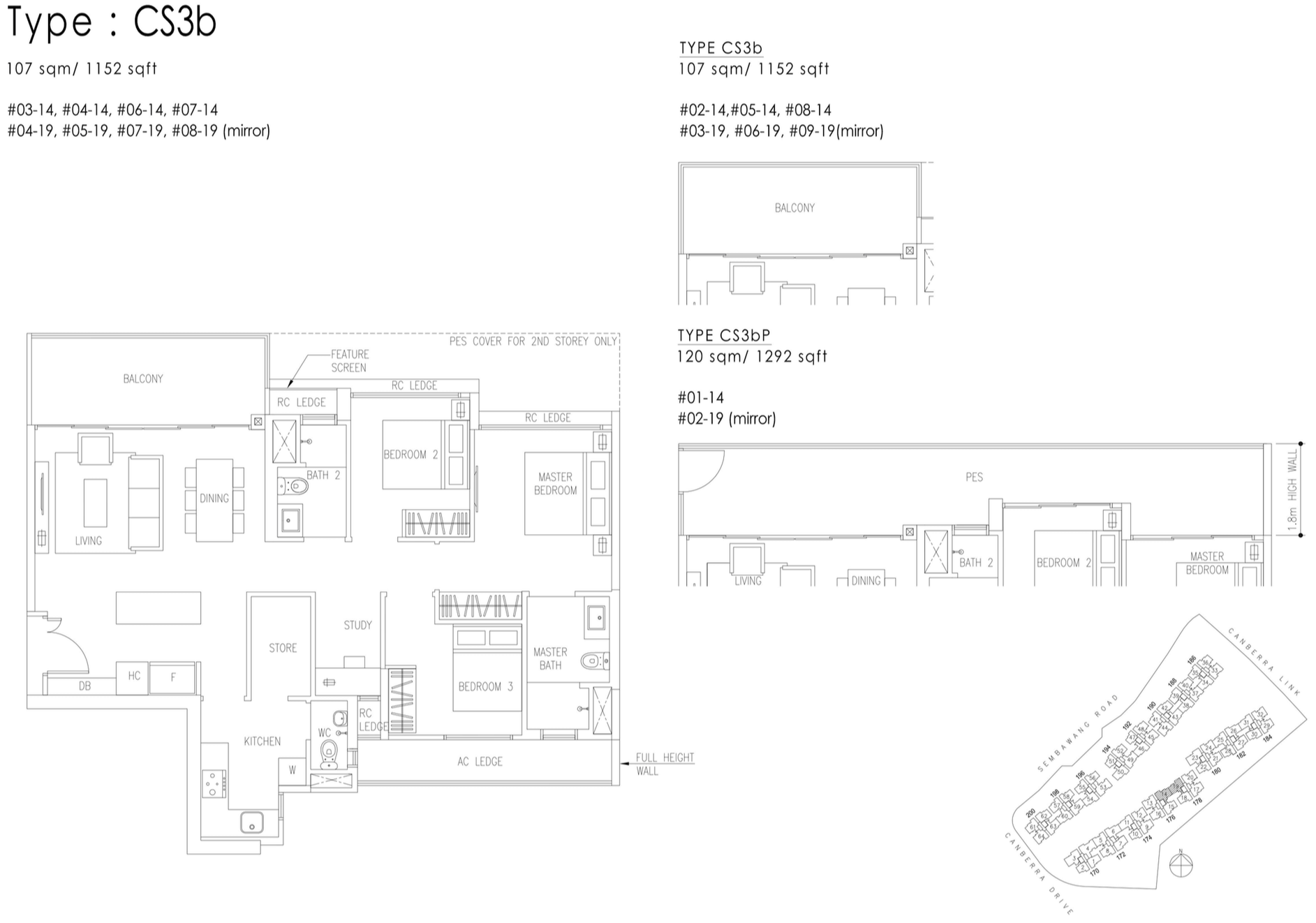 The Visionaire EC Floor Plan - 3 Bedroom Cospace CS3b CS3bP 107 sqm 1152 sqft