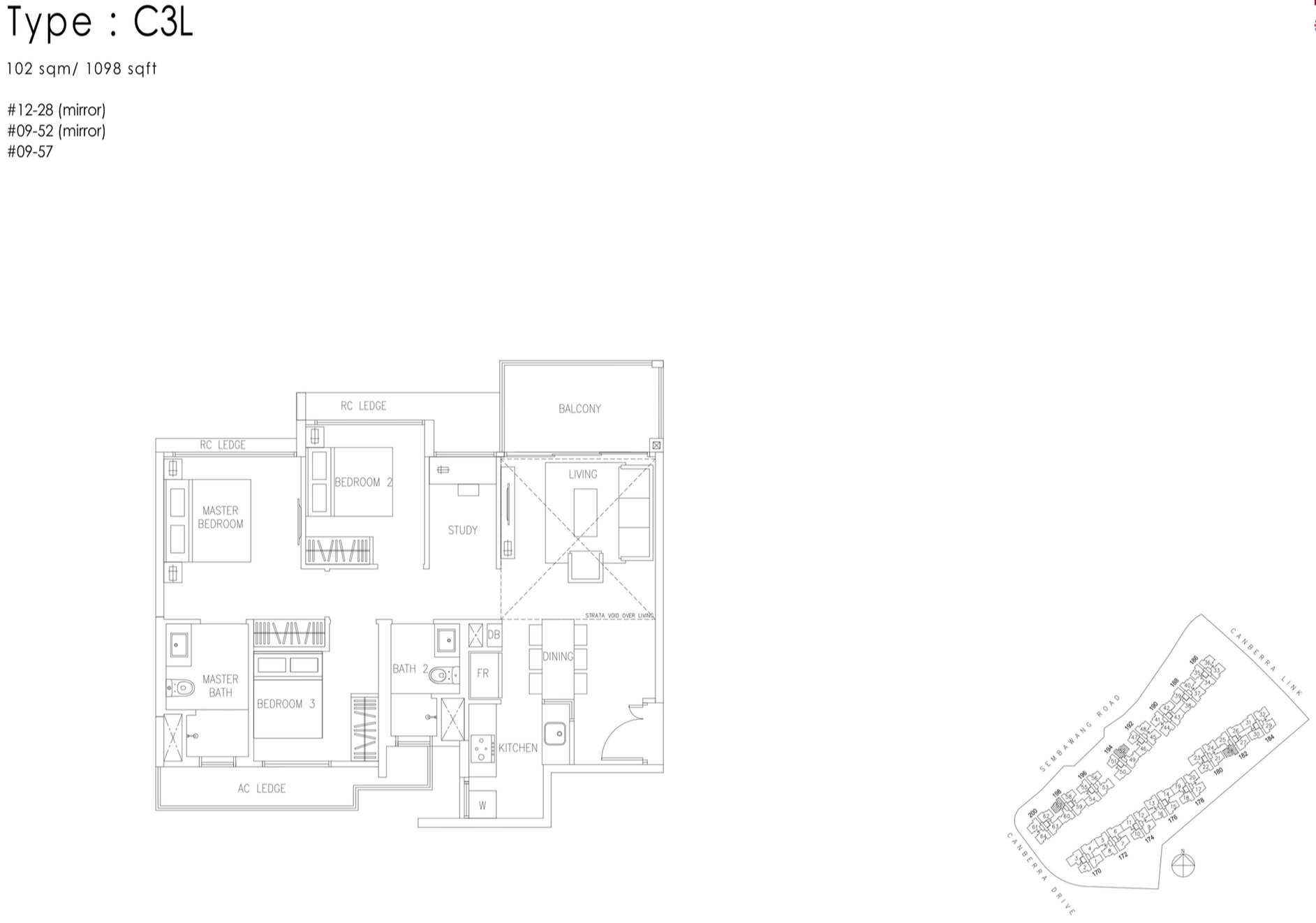 The Visionaire EC Floor Plan - 3 Bedroom+Study C3L 102 sqm 1098 sqft