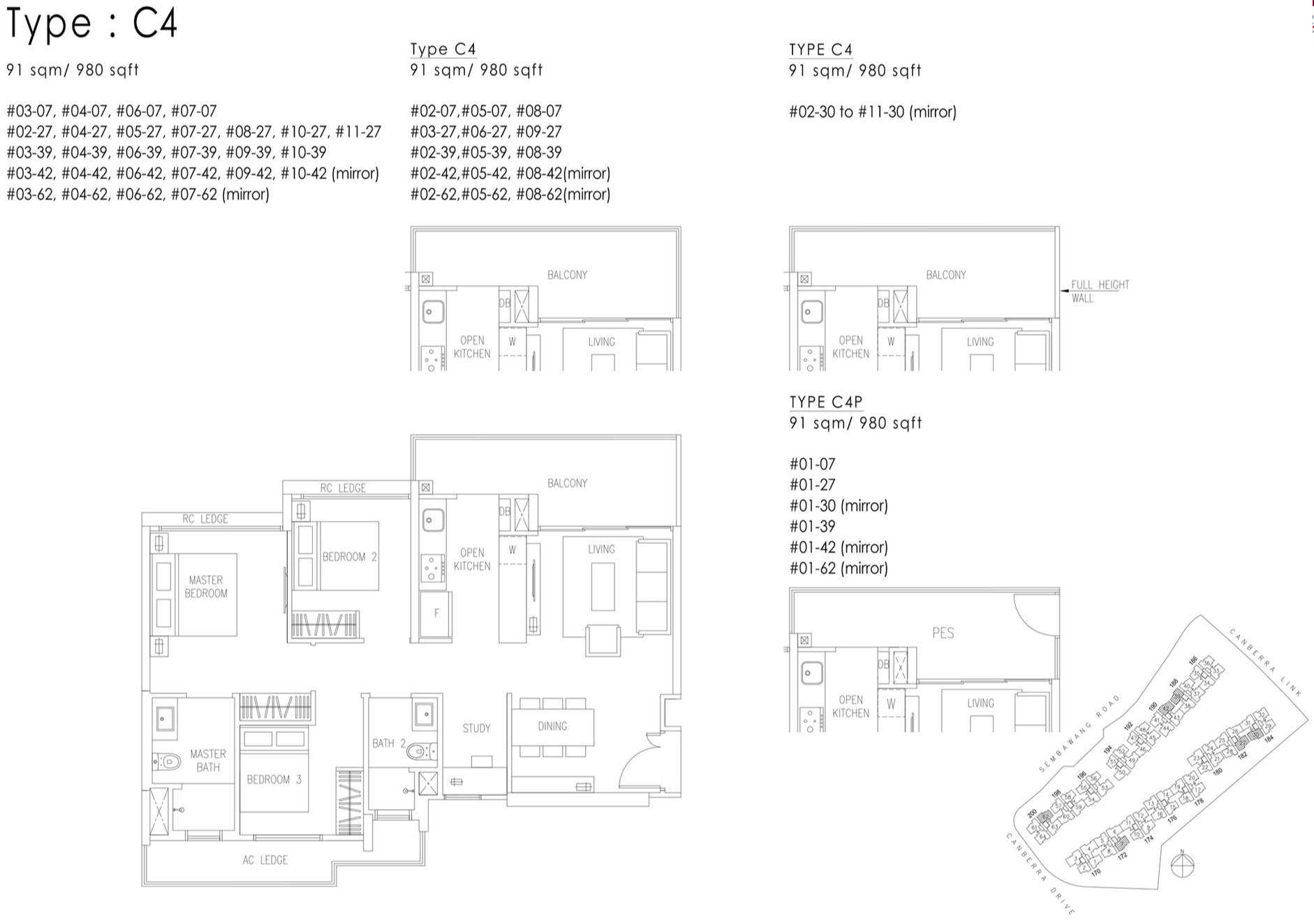 The Visionaire EC Floor Plan - 3 Bedroom+Study C4 C4P 91 sqm 980 sqft