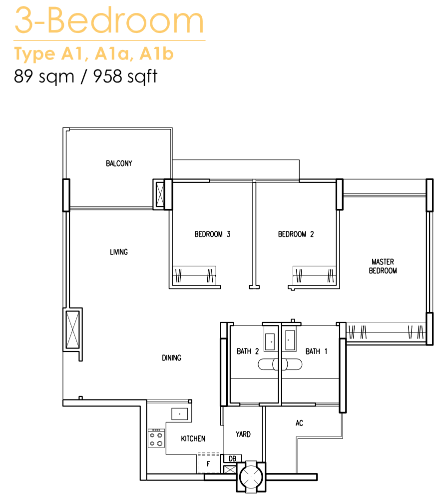 Treasure Crest EC Floor Plan 3 Bedroom A1 89 sqm 958 sqft