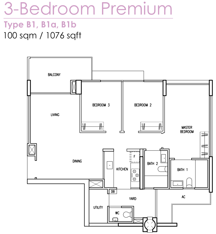Treasure Crest EC Floor Plan 3 Bedroom Premium B1 100 sqm 1076 sqft