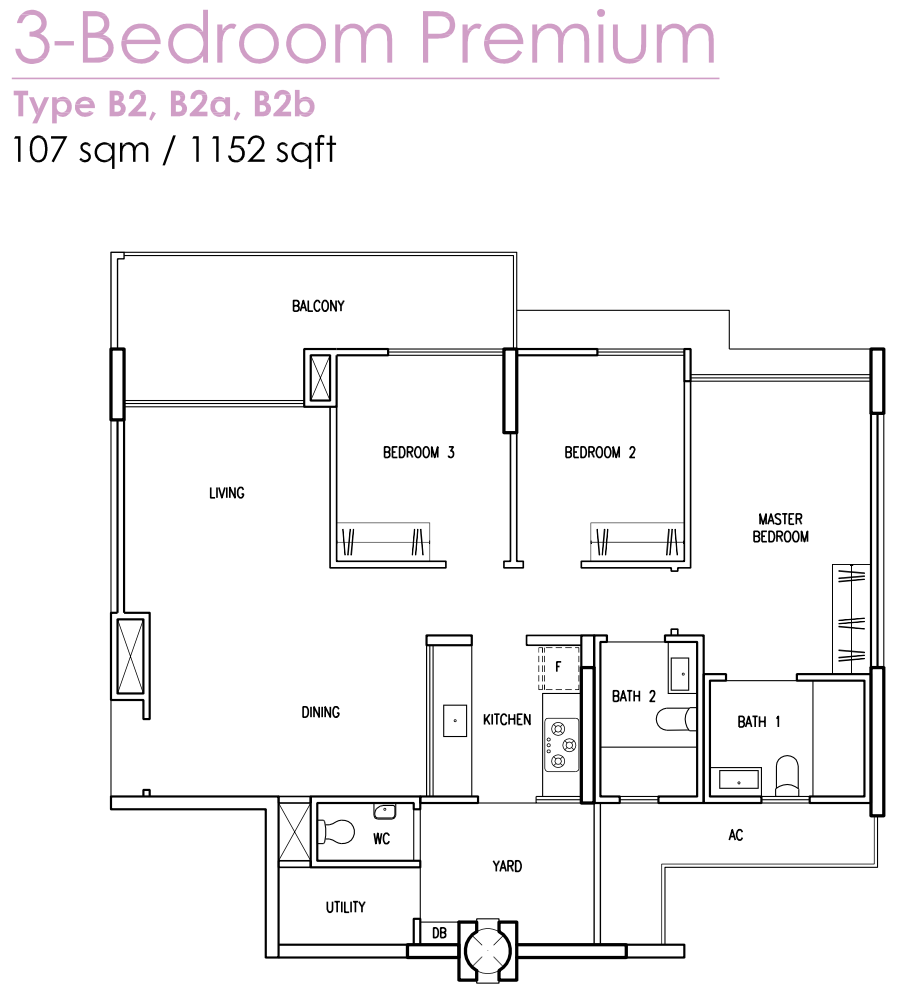 Treasure Crest EC Floor Plan 3 Bedroom Premium B2 107 sqm 1152 sqft