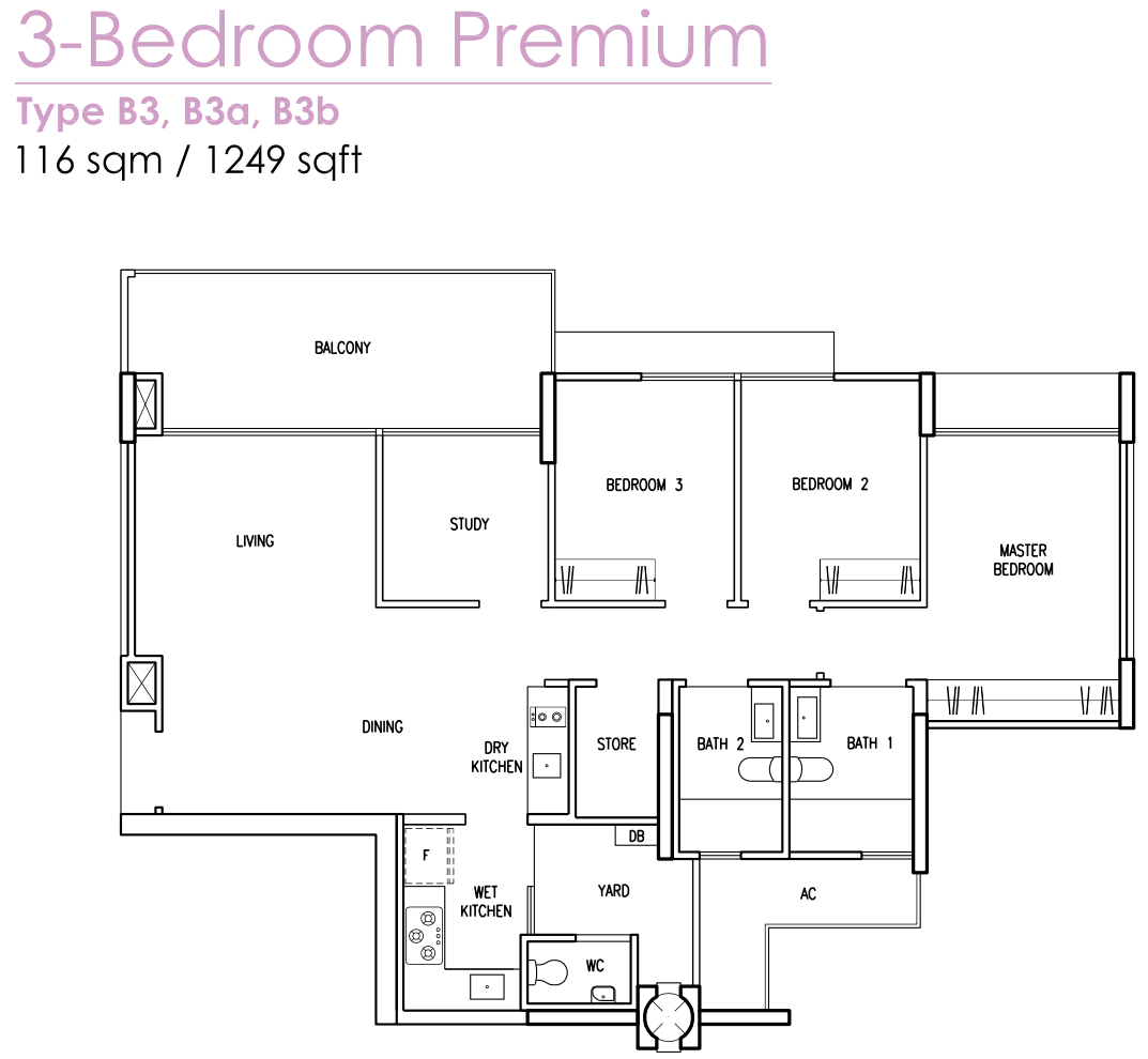 Treasure Crest EC Floor Plan 3 Bedroom Premium B3 116 sqm 1249 sqft